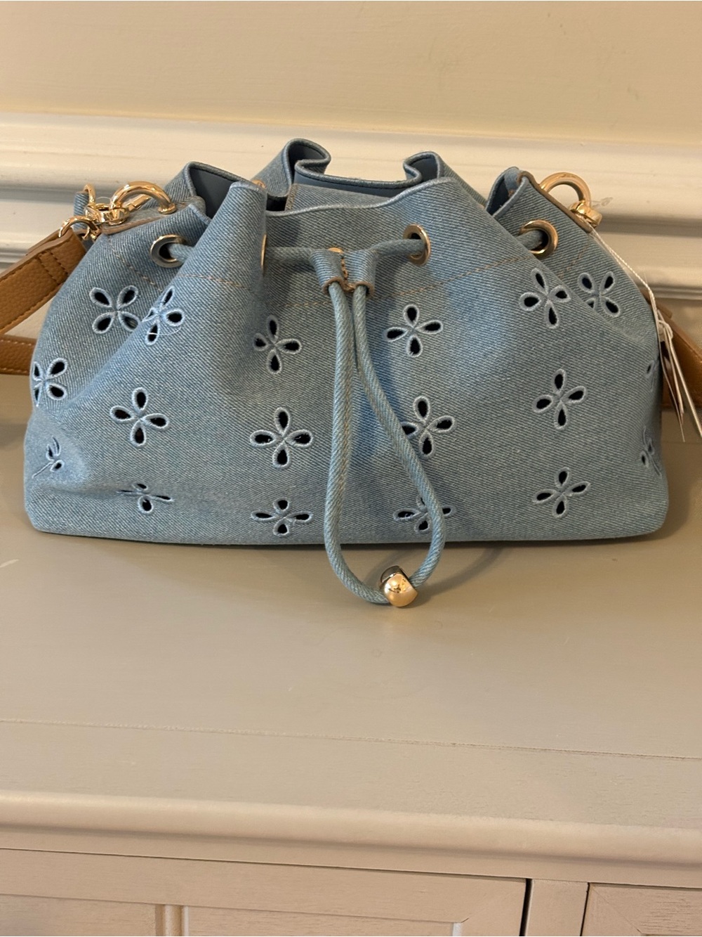 Nanette Lepore Light Blue Floral Eyelet Drawstring Shoulder Bag